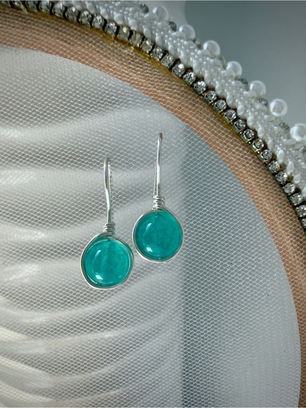 Hand Crafted Blue-Green Jade Wire Wrapped Drop Earrings